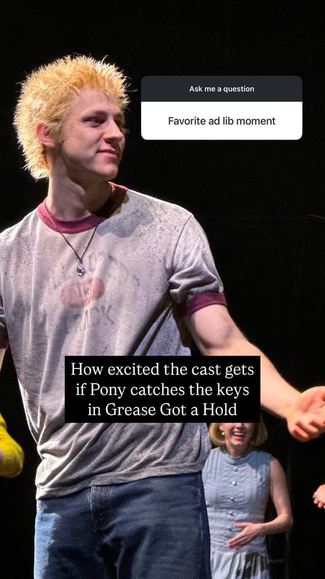 An Instagram story of a photo of Brody Grant dressed as Ponyboy in a blonde whig, at curtain call.